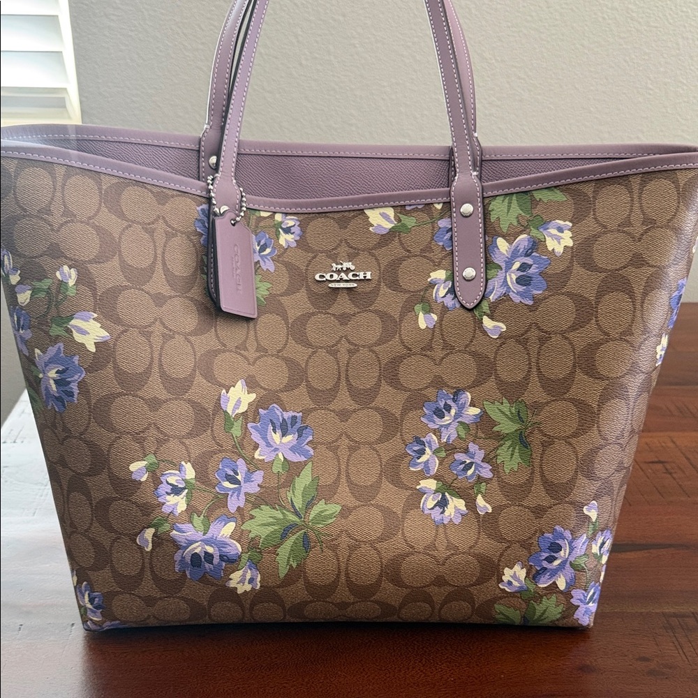 Coach Brown Tote reversible with Purple Floral Design
